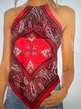 Diane Von Furstenberg Red Paisley Scarf Bandana Halter Top Size XS